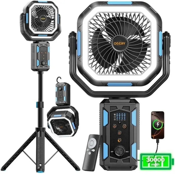 OGERY 4-in-1 Cordless Camping Fan with Detachable Tripod, 30000mAh Batteries, LED Lights, 270° Pivot, Remote Control, Wireless Operation, USB Port, USB Charging Fan for Camping Tent, Bedroom