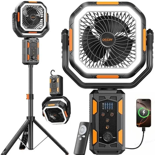 OGERY 4-in-1 Cordless Camping Fan with Detachable Tripod, 30000mAh Batteries, LED Lights, 270° Pivot, Remote Control, Wireless Operation, USB Port, USB Charging Fan for Camping Tent, Bedroom